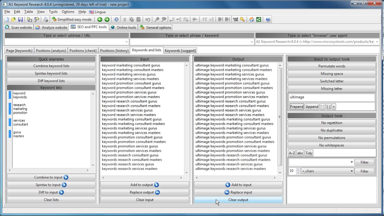 A1 Keyword Research 4.0.4 - keyword and list tools tutorial