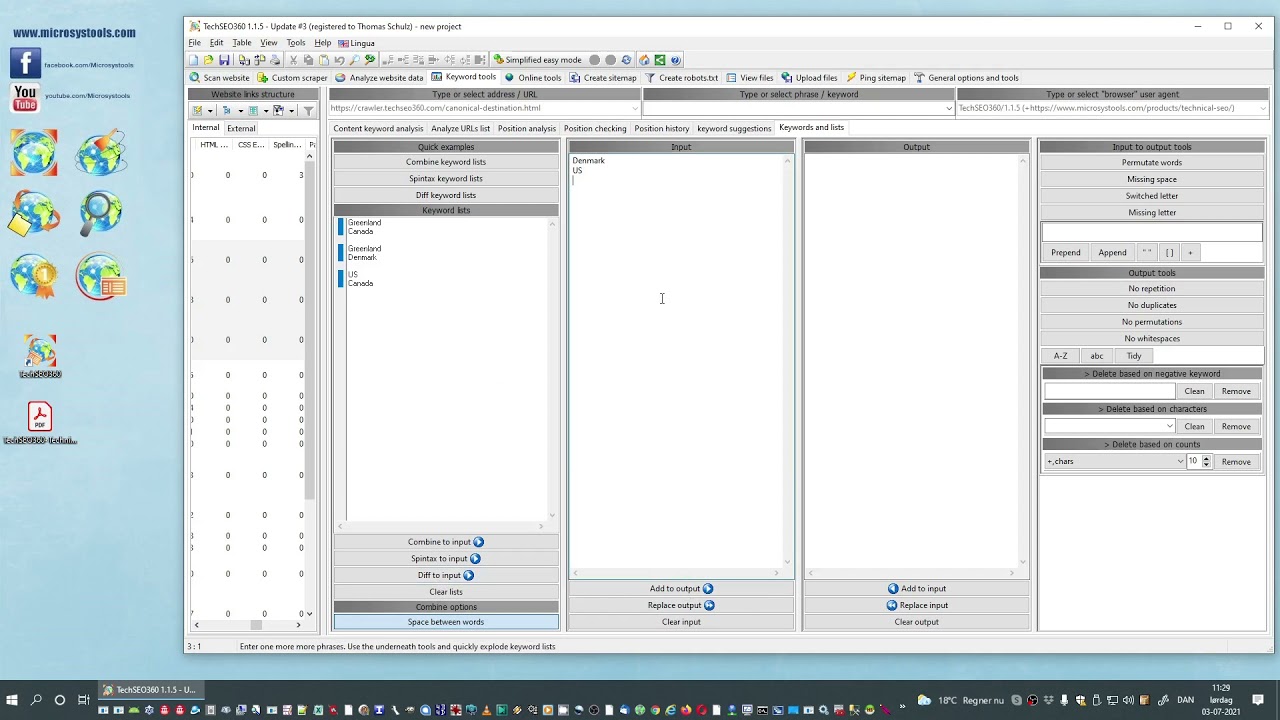 TechSEO360 1.1.5 update #3 on Windows - keyword list tools